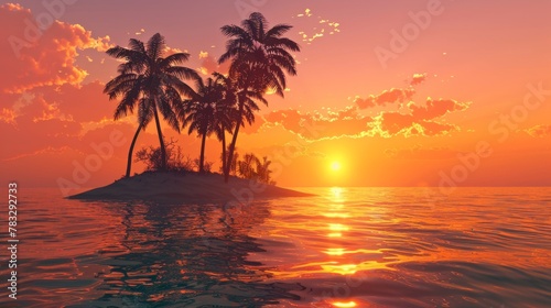 The image shows a tropical island with palm trees set against a stunning sunset backdrop. The warm hues of the setting sun reflect off the calm waters surrounding the island  creating a tranquil and