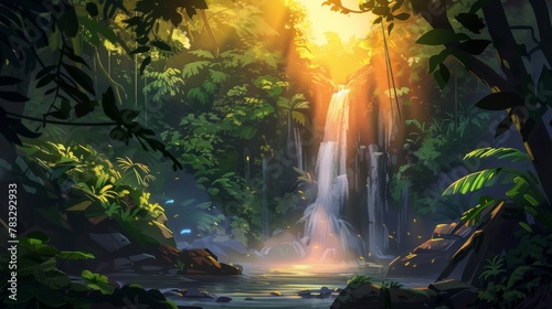 A powerful waterfall tumbles down rocks in the midst of a dense forest, surrounded by vibrant green foliage and tall trees. The water crashes into a pool below, creating mist and sound. © Goinyk