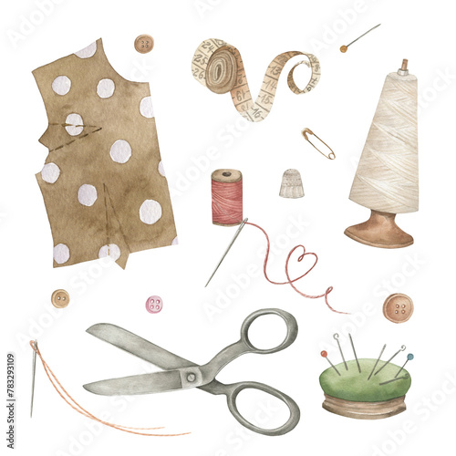 Vintage sewing collection with scissors, threads. Hand drawn watercolor isolated illustration on white background