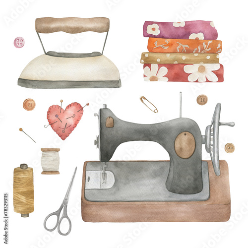 Vintage sewing collection with machine, scissors, threads. Hand drawn watercolor isolated illustration on white background