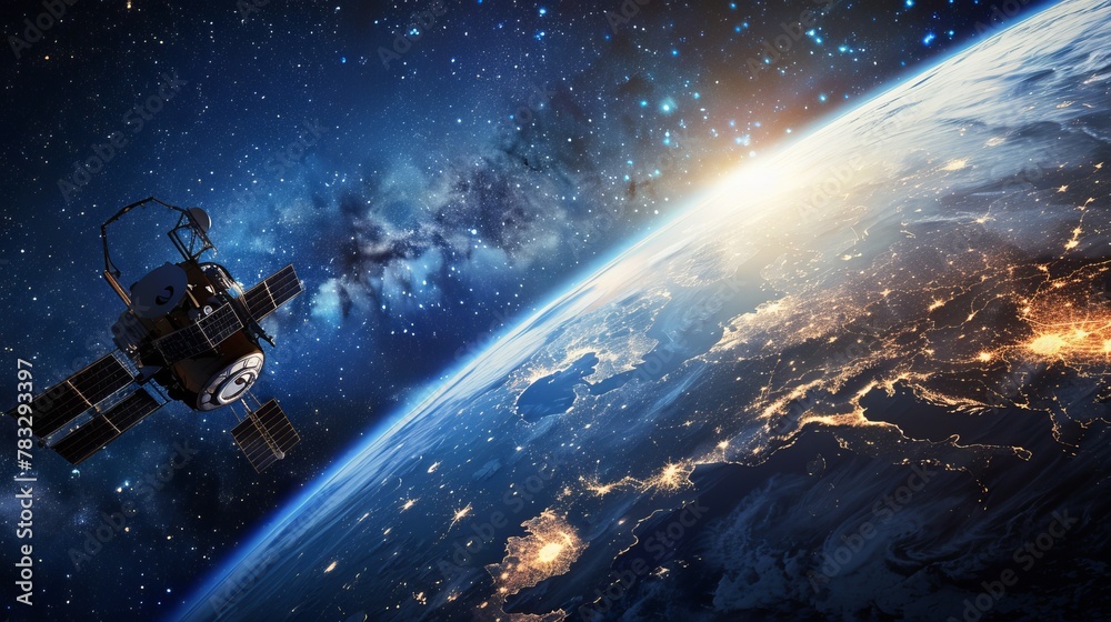 A satellite is seen orbiting Earth at night, with city lights and glowing clouds visible below. The satellite appears as a small dot against the vast darkness of space. A satellite is seen orbiting Earth at night, with city lights and glowing clouds visible below. The satellite appears as a small dot against the vast darkness of space.