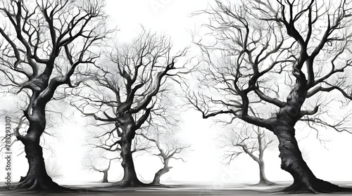 Large leafless hardwood trees are seen silhouetted on a white background in a isolated transparent illustration. generative.ai © ARSHAD