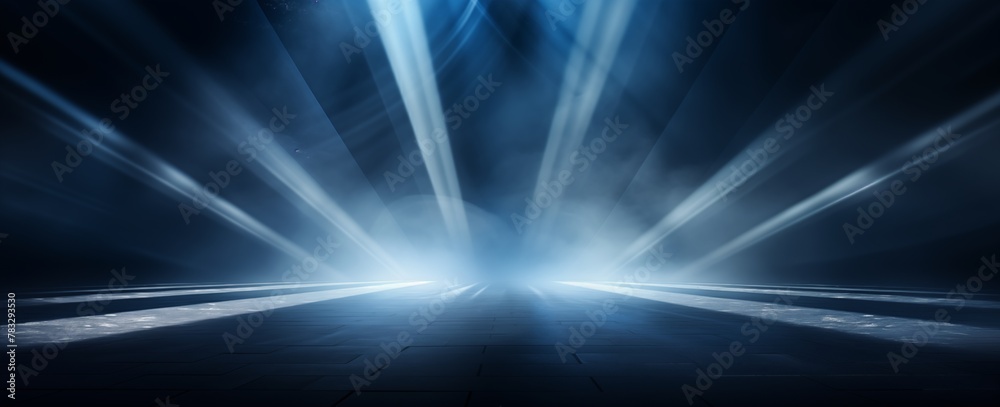 Spectacular display of converging blue light beams in a dark atmospheric background Spectacular display of converging blue light beams in a dark atmospheric background