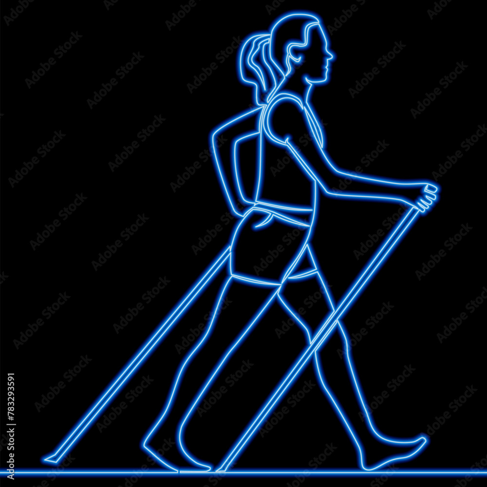 A young woman walks on foot with walking sticks. Nordic walking icon neon glow vector illustration concept