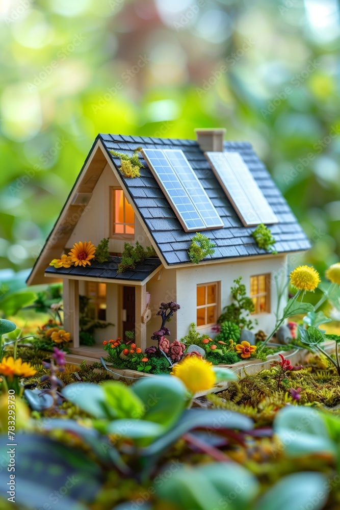 An energy efficient model house with solar panels with plants in sunny day, ecology and sustainability concept. miniature house. 
