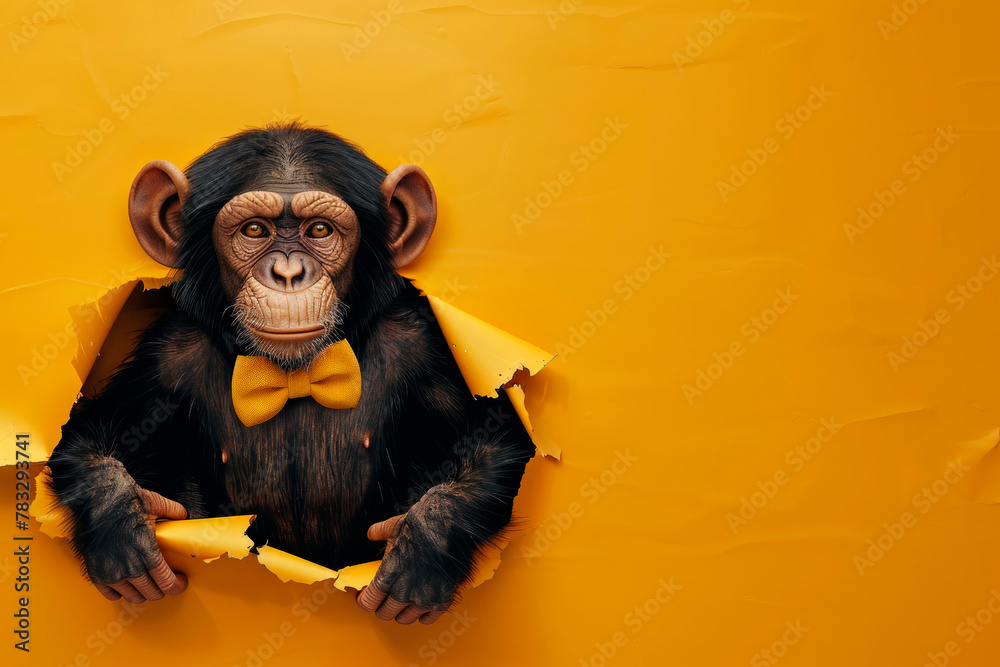 Young Chimpanzee Dressed in a Bow Tie Popping Through A Yellow Paper Wall - obrazy, fototapety, plakaty 