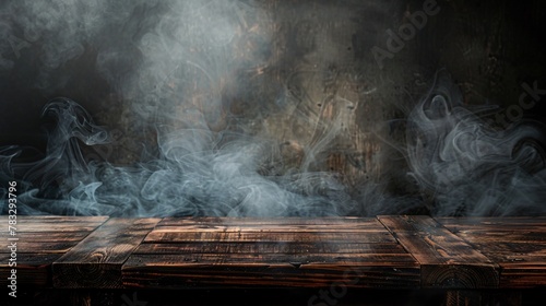 Empty wooden table enveloped in swirling smoke against a dark mysterious backdrop