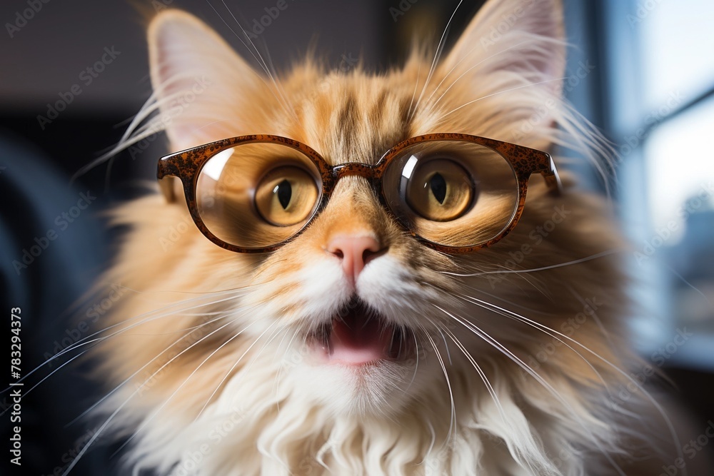 Ginger cat in glasses looks surprised, a humorous blend of feline whimsy and human-like expression
