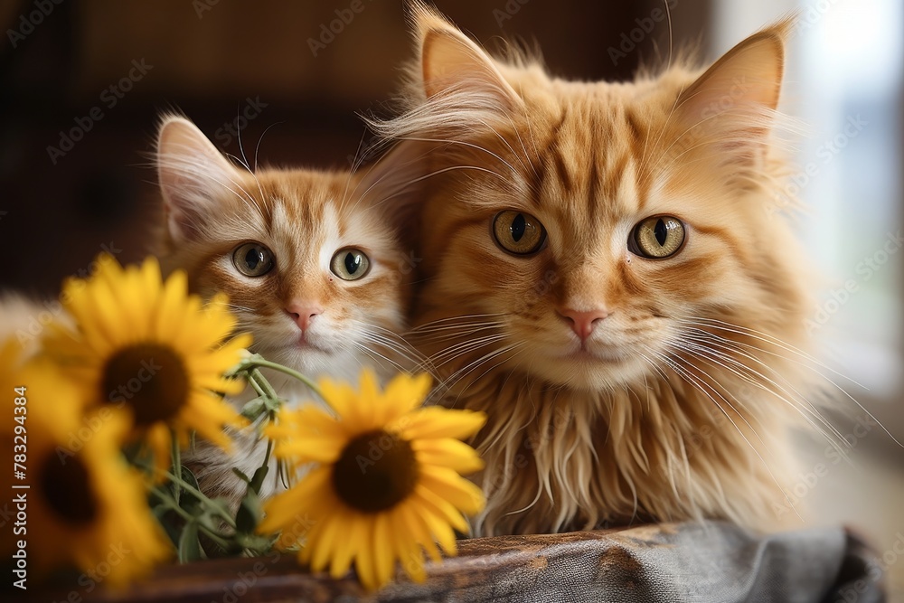 Two ginger cats with sunflowers, capturing a serene moment of feline grace and beauty