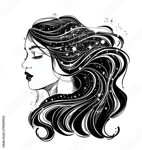 a woman with long hair and stars in her hair