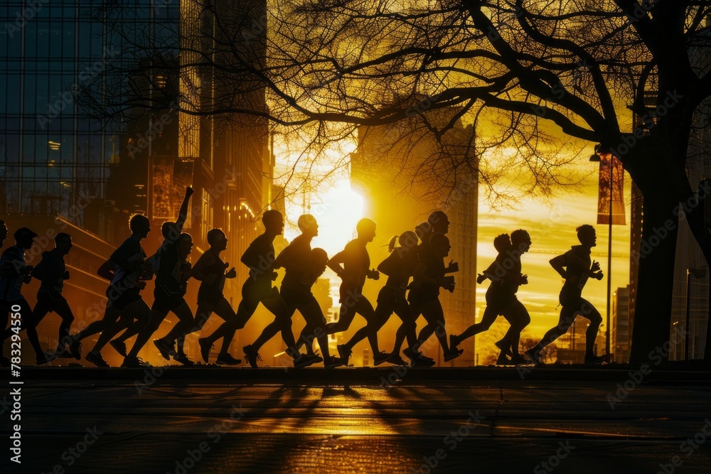 Fototapeta premium silhouette of a group of runners running together in the city 