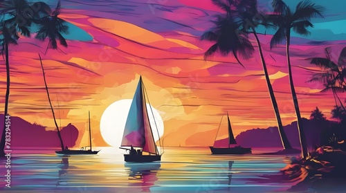 A sailboat and two passengers are seen in front of a colorful graphic sunset design in an illustration about vacation and travel and boating. generative.ai
 photo