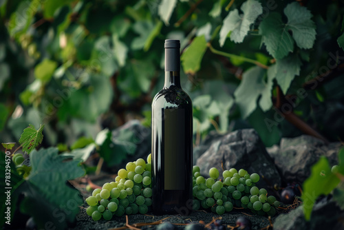Black glass wine bottle standing on the ground against the background of a vineyard among bunches of grapes, macro shot