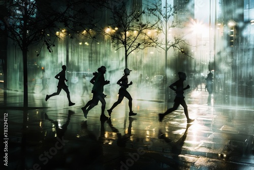 silhouette of a group of runners running together in the city  © GHArtwork