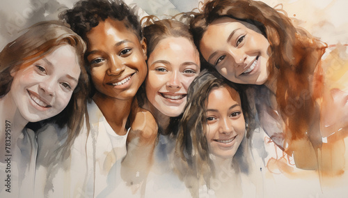 Watercolor portrait of five smiling women