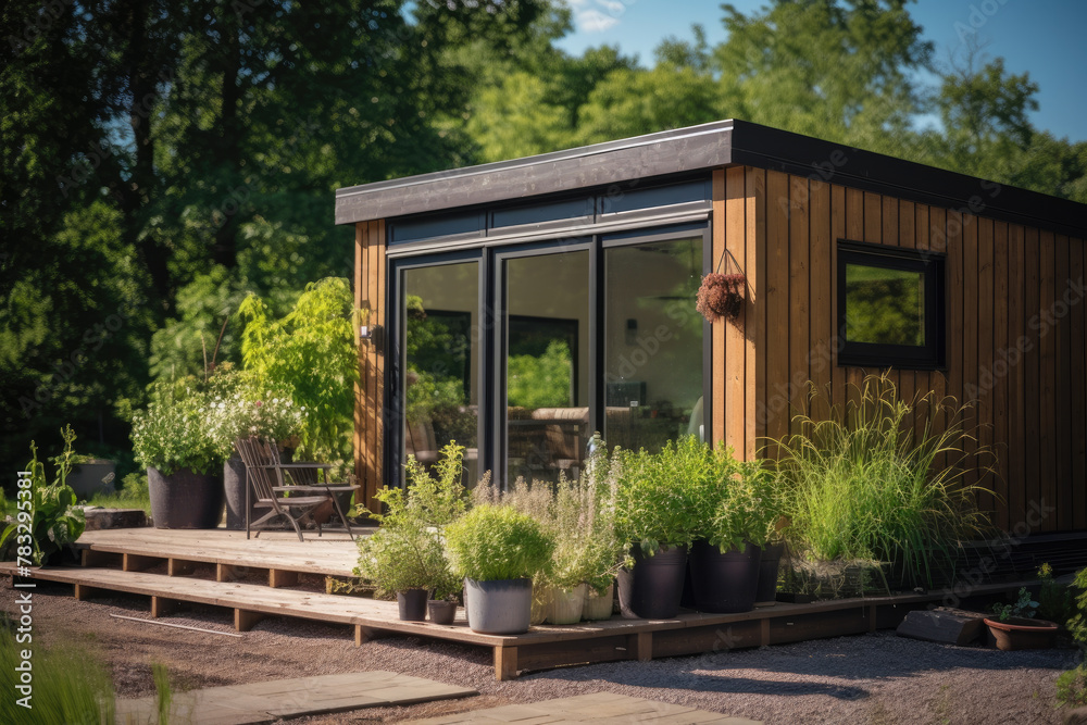 Modern shipping container house home, tiny house in sunny day. Shipping container houses is sustainable, eco-friendly living accommodation or holiday home