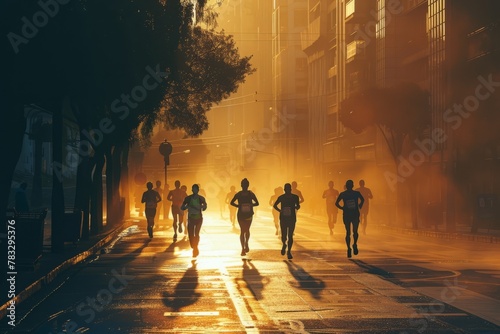 silhouette of a group of runners running together in the city 