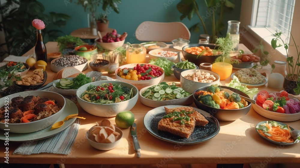 A table full of food with a variety of dishes including salads, sandwiches