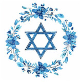 Star of David with blue leaves and flowers isolated on white background. Jewish symbol clipart. Bat and Bar Mitzvah. Hanukkah, Passover, Shavuot holiday