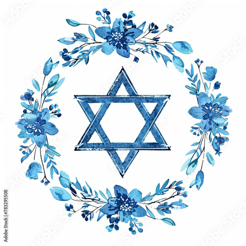 Star of David with blue leaves and flowers isolated on white background. Jewish symbol clipart. Bat and Bar Mitzvah. Hanukkah, Passover, Shavuot holiday photo