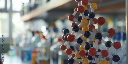 Pharmaceutical research and development, molecular models and clinical samples in scientist’s workspace