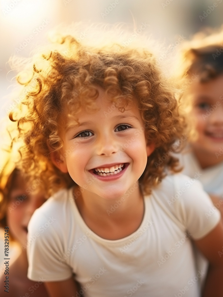 Joyful child with curly hair laughing in golden sunlight Joyful child with curly hair laughing in golden sunlight