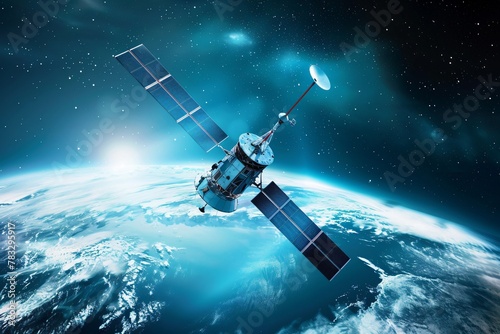 Global communication epitomized by a blue tech satellite circling the Earth a beacon of connectivity