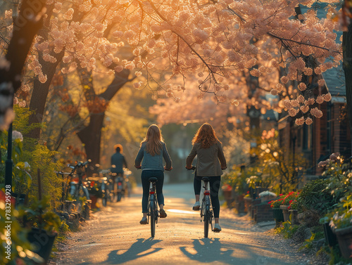 Two people riding their bikes at sunset