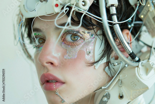 A woman with a robotic head and face is depicted in this futuristic artwork.
