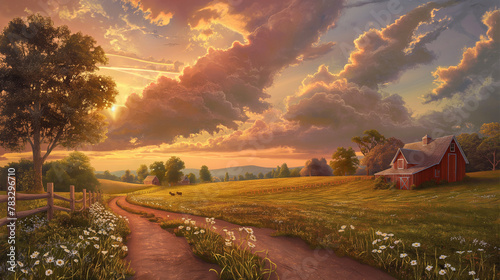 a painting of a farm with a red barn and a road