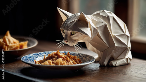 Adorable origami paper kitten cat eating pet food from feeding bowl at home. Children's book illustration.