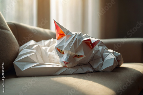 Adorable origami paper adult cat taking a nap peacefully on couch at home. Children's book illustration.