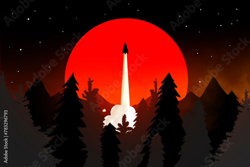 A rocket taking off at sunset in the middle of a forest photo