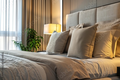 A well-designed bedroom interior with plush pillows on a bed, natural light, and a peaceful ambiance. Stylish Bedroom Interior with Comfortable Pillows