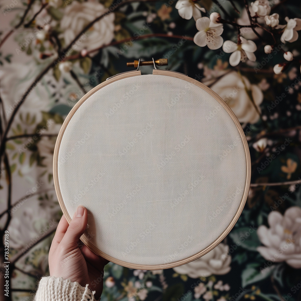 Fototapeta premium Embroidery hoop held in hand, empty white canvas with an moody cosy background