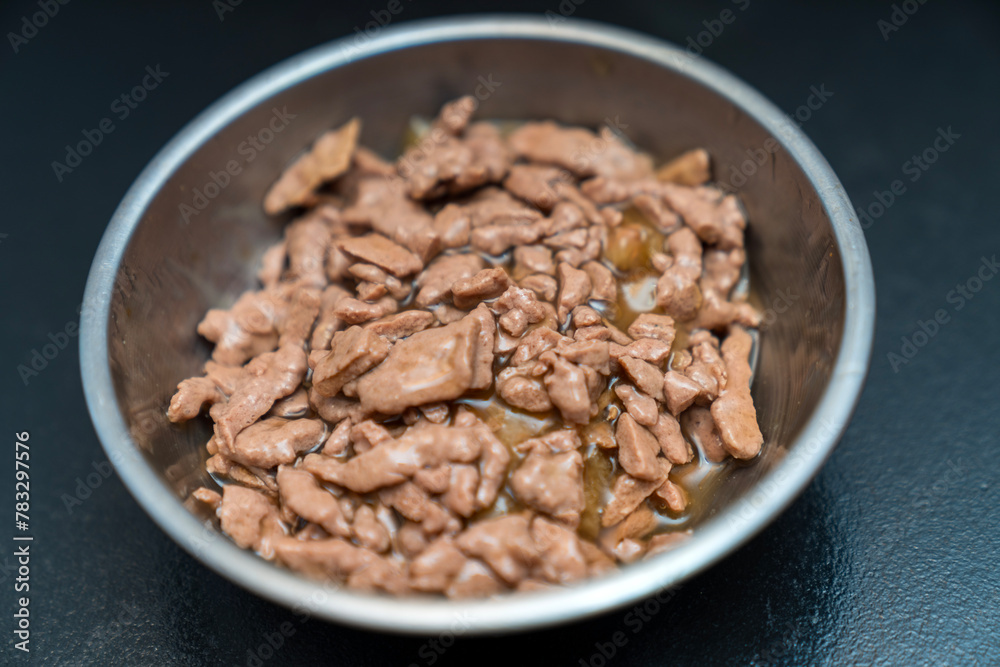 Food for animals background. wet cat and dog food texture, pattern. Pet meal background close up. wet food for pet dogs and cats. Dried pet food top view. Granules of good nutrition for dogs and cats.