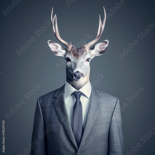 An Elegant Man in very good Clothes with the Face of a Forest Animal on a Dark Gray Background Wallpaper Background Cover Magazine Journal Illustration Brainstorming Digital Art © Korea Saii