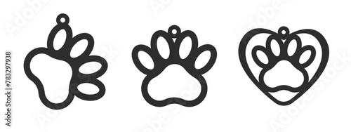 Vector designs with dog paw shape for earrings, pendant or keychain. Jewelry silhouette laser cut template. Cnc cutting with metal, wood or leather