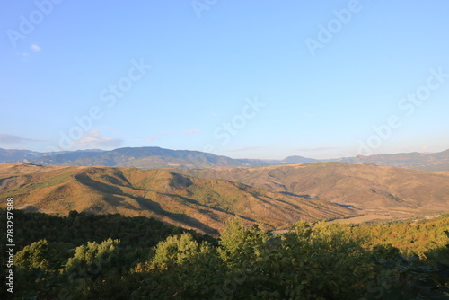 landscape , mountains , trees and blue sky , nature