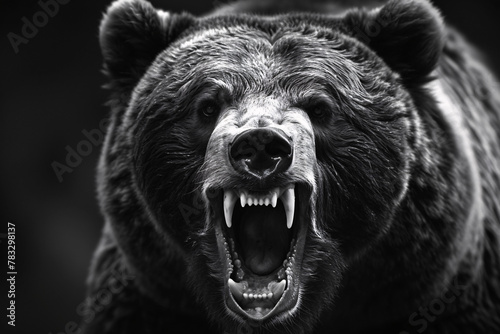 Fierce black bear with open mouth showing teeth in a black and white photo