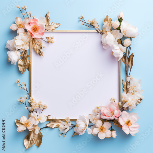blooming flowers on the gold frame card  on blue background 