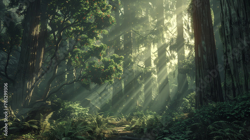 In the majestic redwood forest, capture the enchanting interplay of light seeping through the thick canopy © Azazul
