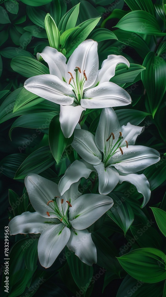 In the oil painting white lilies stand majestic a symbol of purity amidst vibrant green leaves