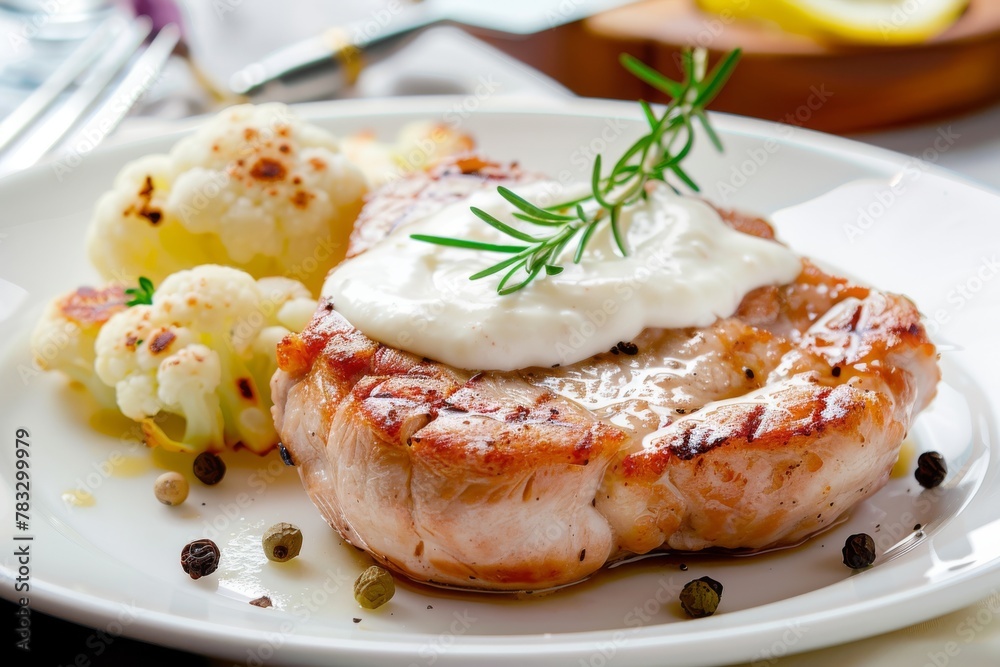 Grilled salmon steak with a creamy topping, served with roasted cauliflower and a sprig of rosemary. Grilled Salmon Steak with Creamy Sauce and Cauliflower