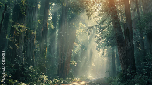 In the majestic redwood grove, seize the magical interplay of sunlight piercing the thick canopy. photo