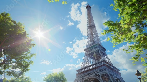 sunny Parisian day with the Eiffel Tower standing tall against the backdrop of a clear blue sky © pier