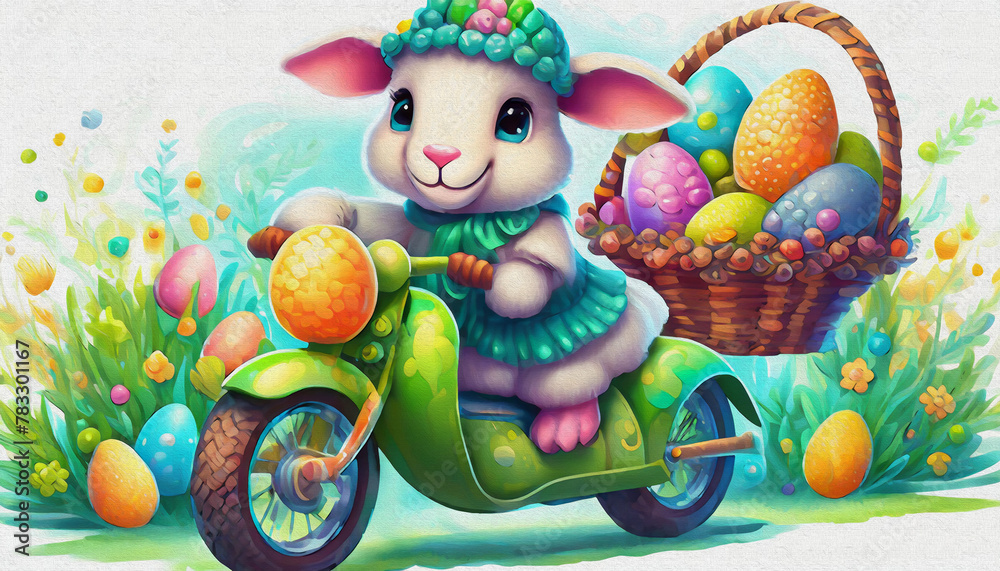 Obraz premium oil painting style CARTOON CHARACTER CUTE baby sheep ride Stylish green cross motorcycle,