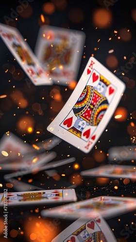 A dynamic cascade of playing cards with a sparkling bokeh background, highlighting the king of hearts