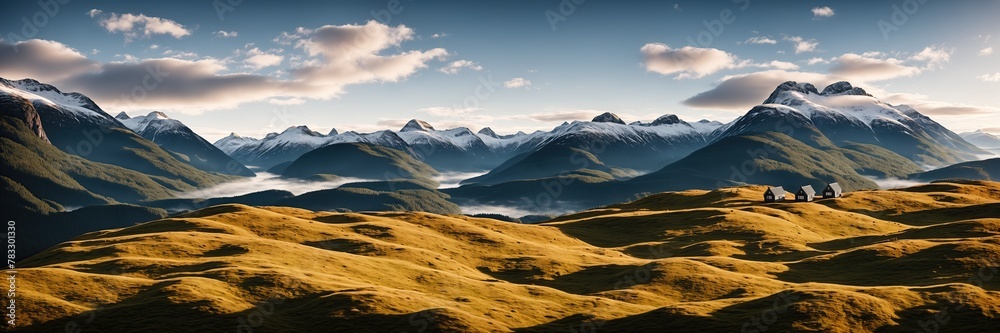 Scandinavian northern fjord landscape. Modern Scandinavian residential building against a backdrop of nature. Housing in the middle of nowhere. Mountain panorama. Minimalistic house.