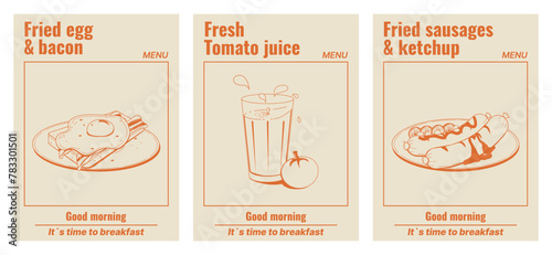 A set of menu covers, posters with food: fried eggs, tomato juice, fried sausages with ketchup. Monochrome palette. A delicious and healthy breakfast. Vector illustration. photo